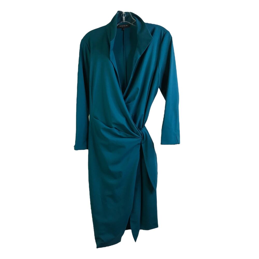 Lafayette 148 New‎ York Wrap Dress Womens Sz 8 Teal Collared Long Sleeves V-Neck